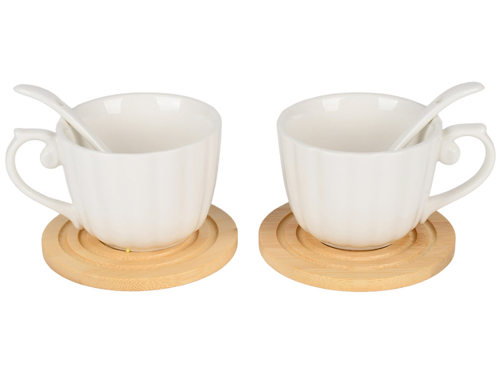 Набір чайний, чашка, ложка, підставка, фарфор, бамбук, 200мл, колір білий (ціна за набір 5пр)