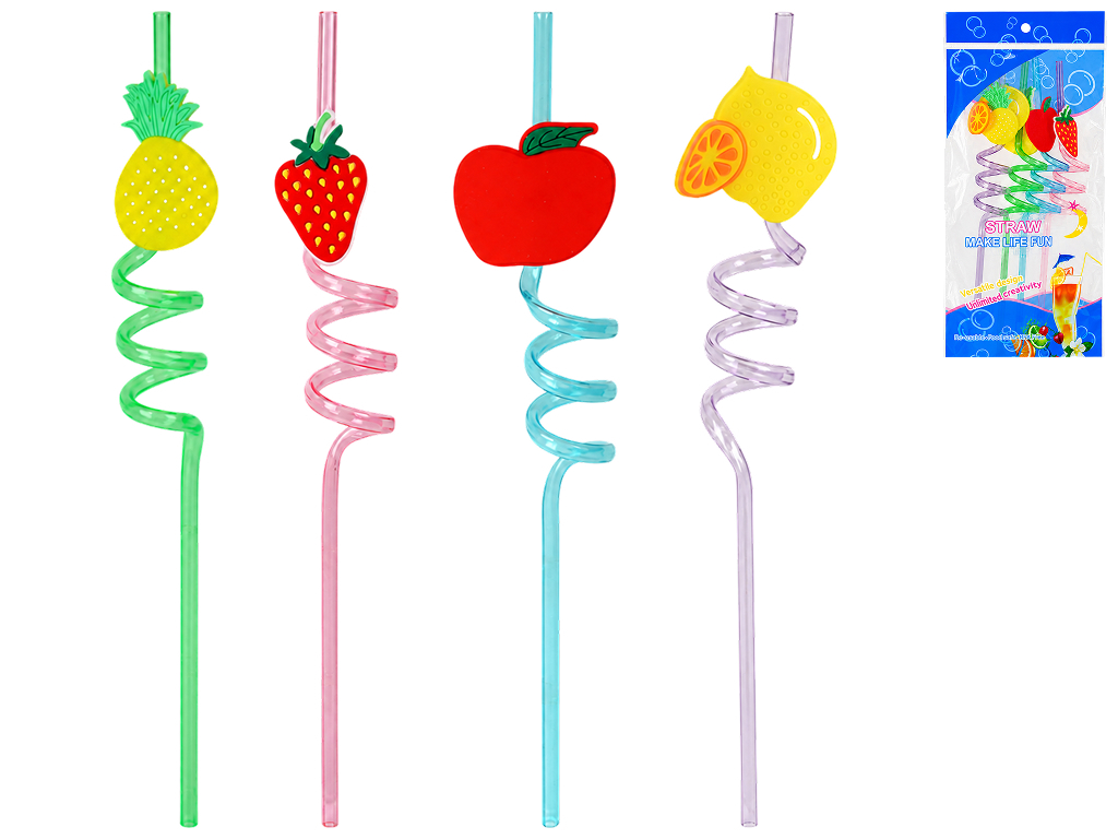 Трубочки для напоїв Fruits пластикові, спіральні з декором, 4 шт., 26 см