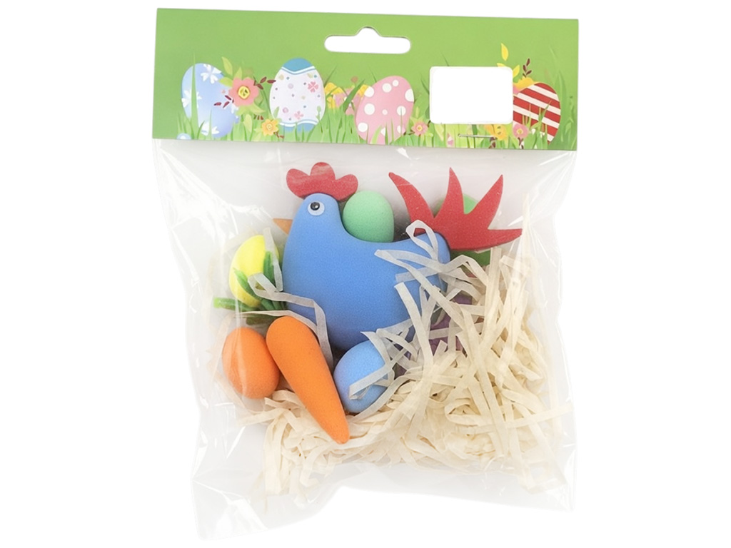 Декор великодній Chiken, синій півник з яйцями і морквою, 8×7см