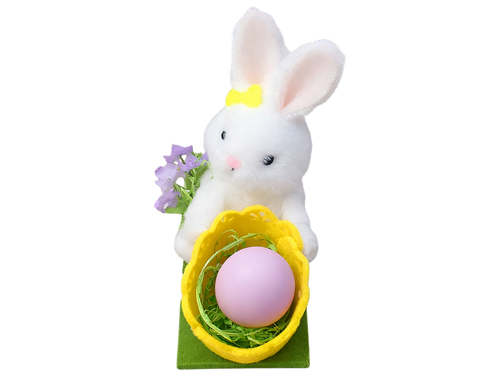 Великодній декор Easter Bunny білий кролик у гнізді з яйцем, 10см