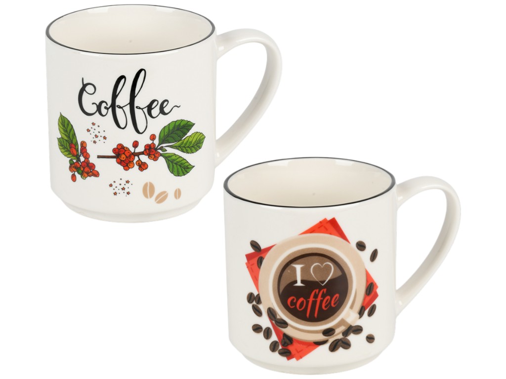 Чашка Coffee, порцеляна, 330мл, колір білий, 4 дизайни (ціна за 1шт)