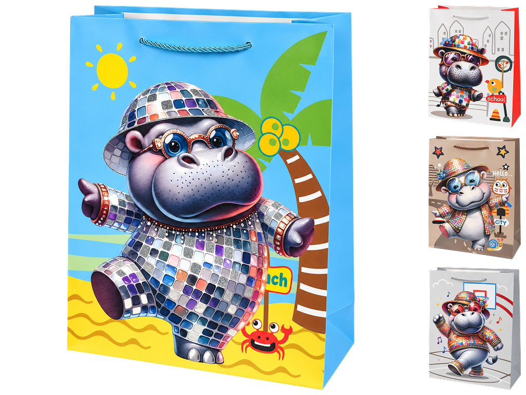 Пакет подарунковий паперовий Hippo S, з ручками, 18×23×10 см, 4 дизайни (ціна за 1шт)