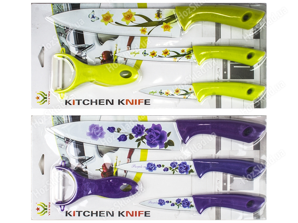 Набор ножей кухонных, длина лезвия ножа 9см, 12см, 19см, овощечистки-4см (цена за набор 4 предмета)