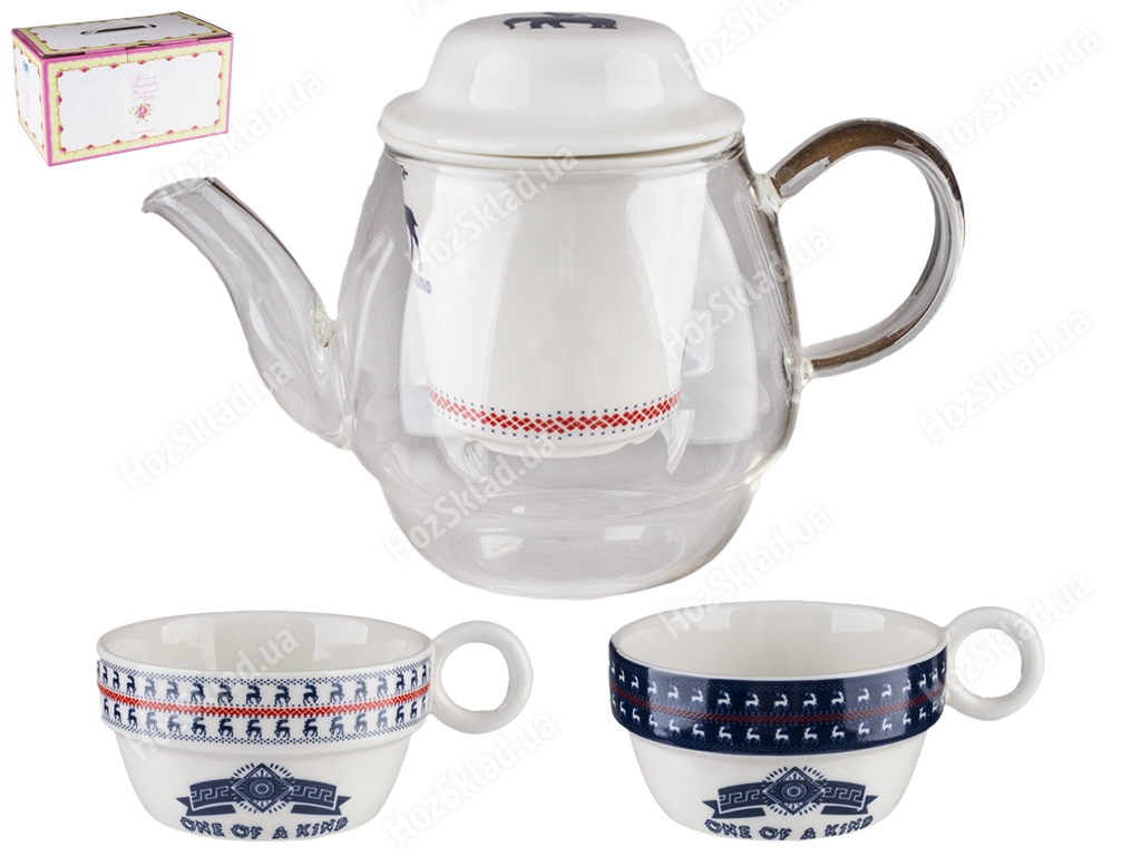 Набор чайный на 2 персоны (заварник 400мл с ситом, 2 чашки по 130мл) (цена за набор 3 предмета)