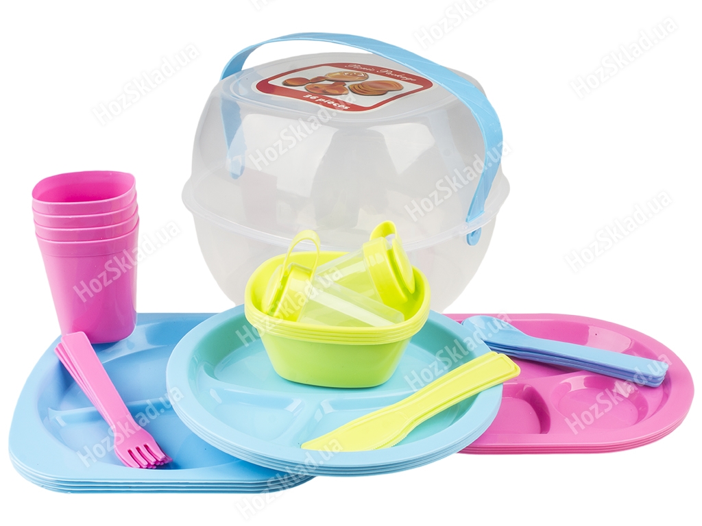 Набор пластиковой разноцветной посуды для пикника на 4 персоны, в боксе с ручкой (цена за 36 предм.)