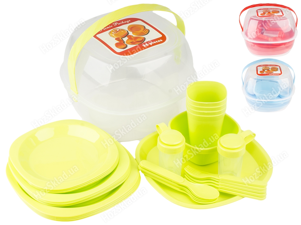 Набор пластиковой посуды для пикника на 4 персоны, в боксе с ручкой (цена за набор 36 предметов)
