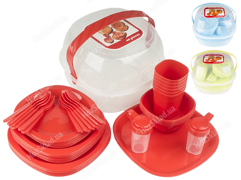 Набір пластикового посуду для пікніка на 6 персон, в боксі з ручкою (ціна за набір 48 предметів)