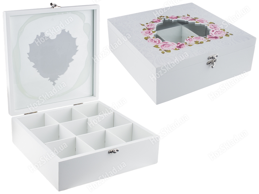 Коробка для хранения чая Розы МДФ 9 отделений 24х24х8,2см