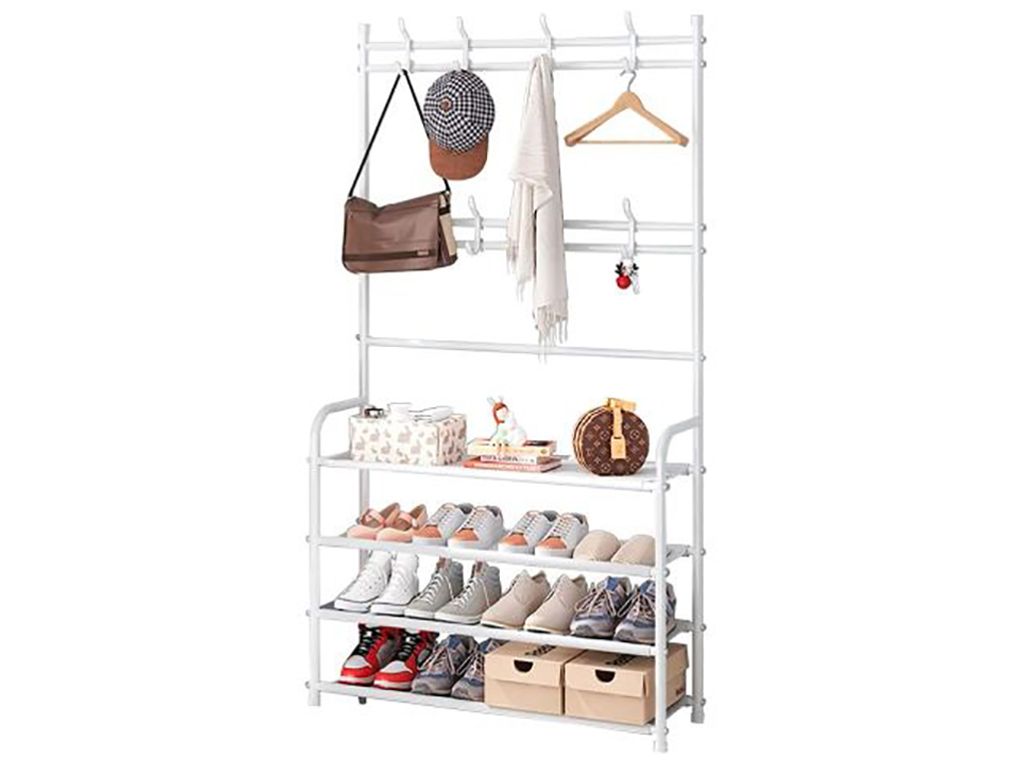 Вешалка-стойка с полками для обуви, 170×80×25.5 см, цвет белый