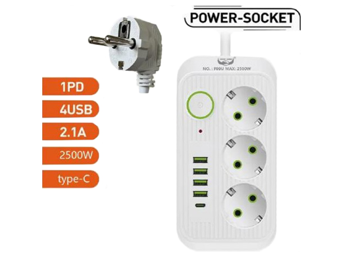 Удлинитель, 3м (3р 4USB 1PD с выключателем) 22х14,8х5см