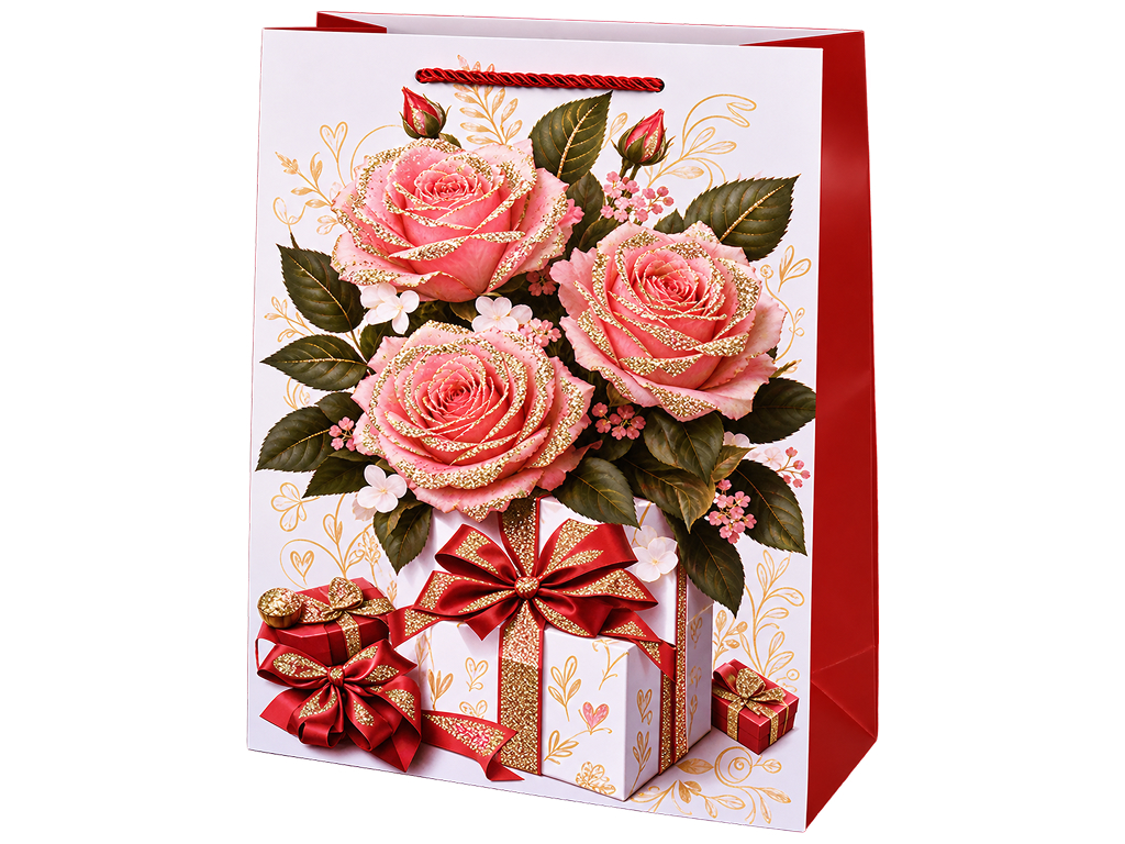 Пакет подарунковий паперовий Flowers L з ручками, 30×41,5×12 см, 4 дизайни (ціна за 1шт)