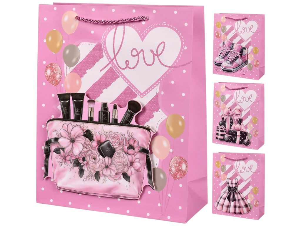 Пакет подарочный Love 3D, бумага, 26×32×10см, 4 дизайна (цена за 1шт)