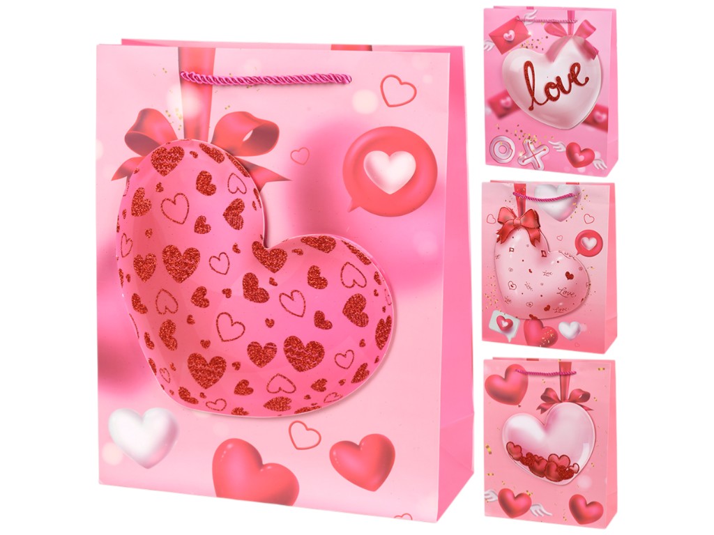 Пакет подарочный Love You 3D, бумага, 26×32×10см, 4 дизайна (цена за 1шт)
