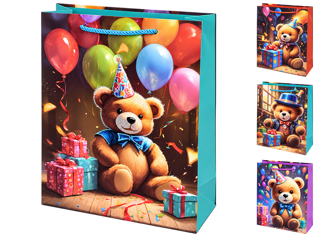 Пакет подарунковий паперовий Teddy 3D M з ручками, 26×32×10 см, 4 дизайни (ціна за 1шт)