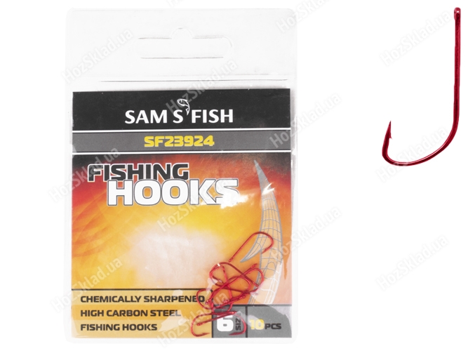 Крючок рыболовный Sams Fish красный №6 1,5х0,65см (цена за упаковку 10шт)