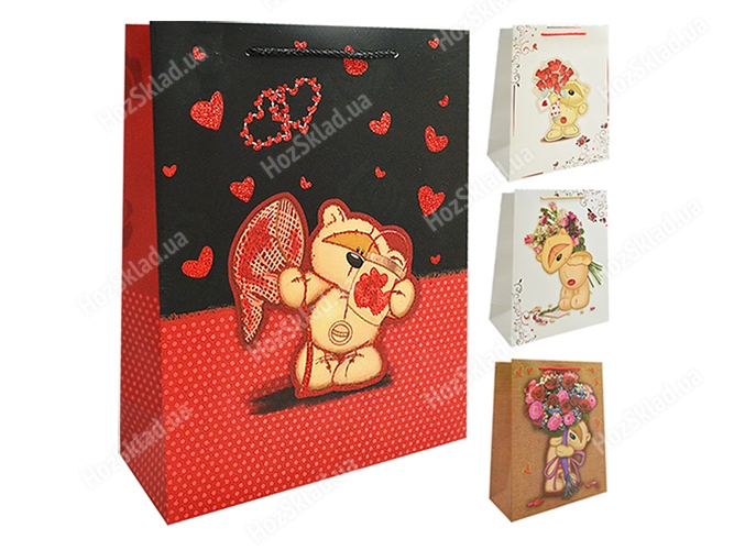 Пакет подарочный бумажный M Bear with bouquet 26х32х10см