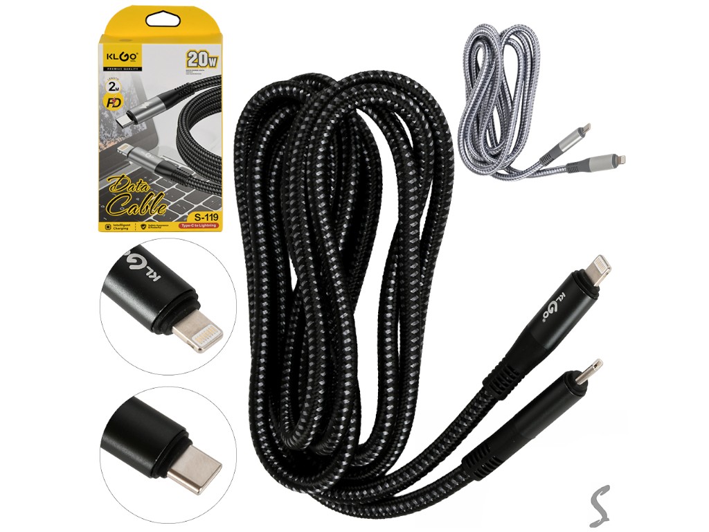 Кабель Klgo Type-C to Lightning, 9V/2.2A, 20W, металл, нейлон, пластик, 2м (цена за 1шт)