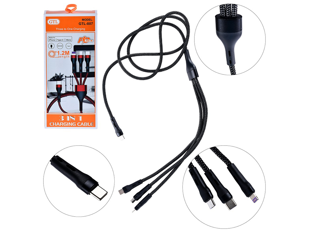 Кабель GTL 3-in-1 Type-C to Lightning+Micro+Type-C PD 200W 1.2м