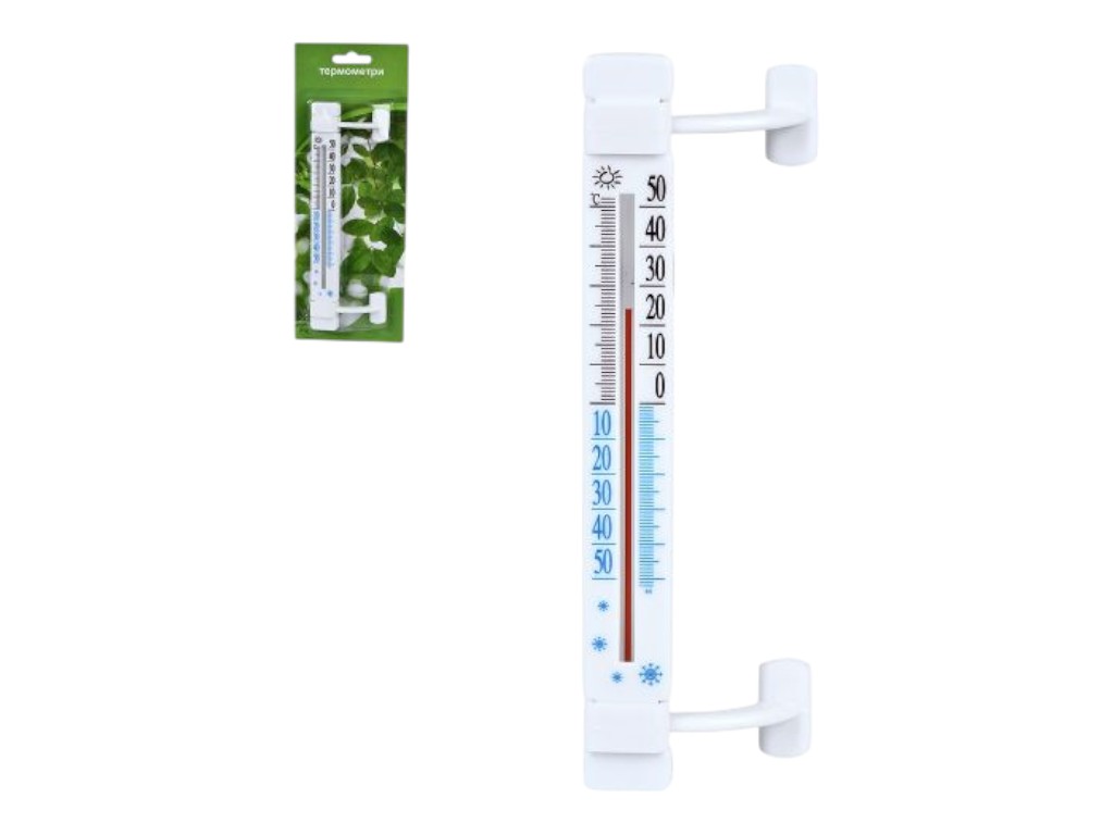 Термометр віконний, 20.5 см, вертикальний, на липучці, пластиковий корпус, колір білий