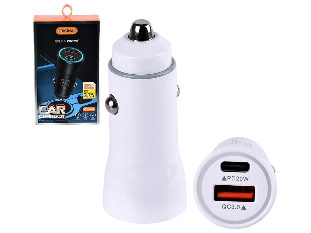 Автомобильное зарядное устройство PD USB-C 20W/USB QC 3.0
