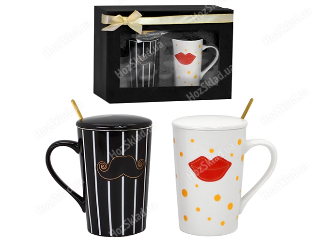 Чашки с крышками и ложками Mr&Mrs 400мл (цена за набор 2 предмета)
