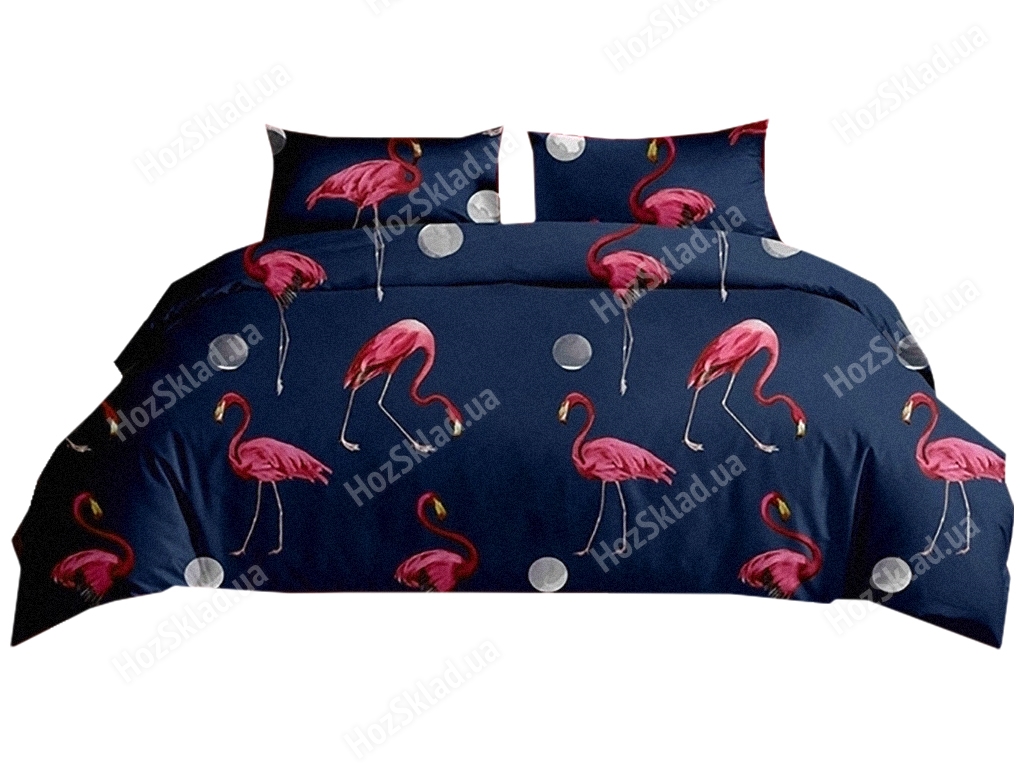 Комплект постельного белья Полисатин двухспальный Фламинго на синем, 2 наволочки 70х70см 