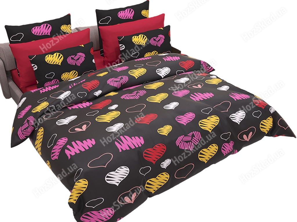 Комплект постельного белья 100% хлопок двухспальный Черное с сердцем, 2 наволочки 70х70см 