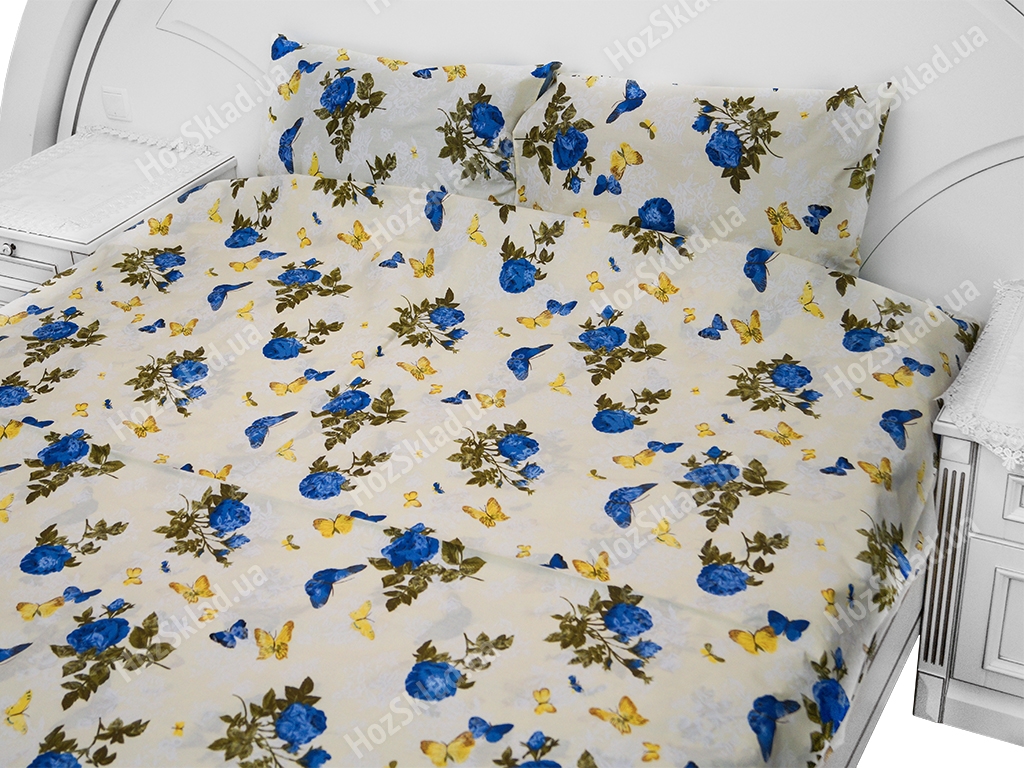 Комплект постельного белья 100% хлопок. евро Роза с бабочкой синяя, 2 наволочки 50х70см 1338