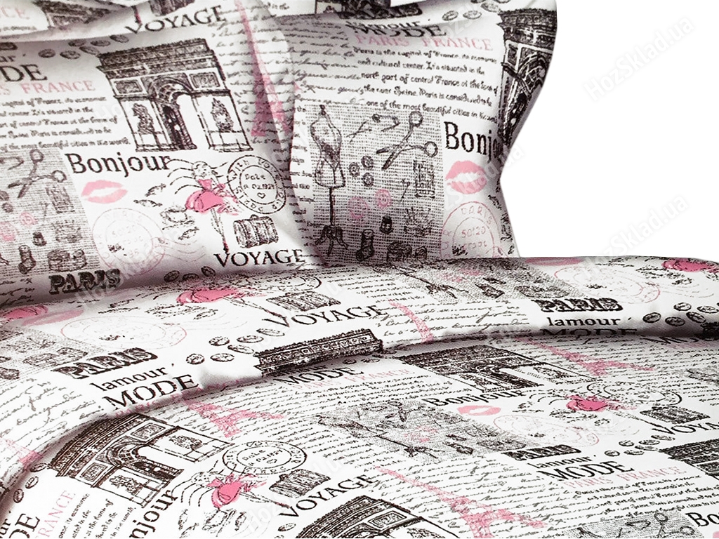 Комплект постельного белья полисатин евро Газета с розовым, 2 наволочки 70х70см 