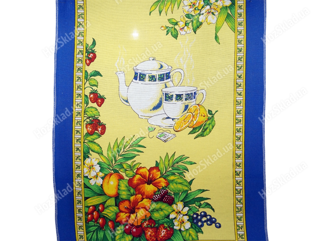 Полотенце кухонное рогожка Чайный сервиз на синем 50х76см