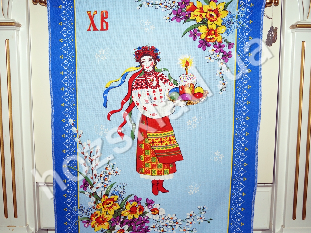 Рушник кухонний рогожка Українка на синьому 50х76см