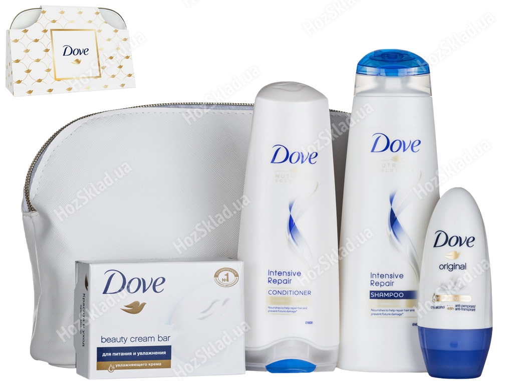 Набор подарочный Dove От чистого сердца (шампунь+ополаскиватель+антиперспирант+мыло+косметичка)