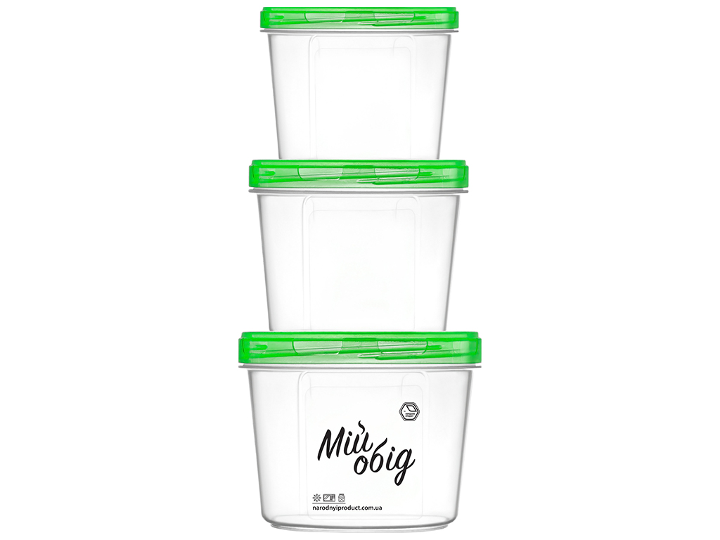 Набір круглих ємностей 300мл, 500мл, 700мл (ціна за набір 3шт) зелена кришка