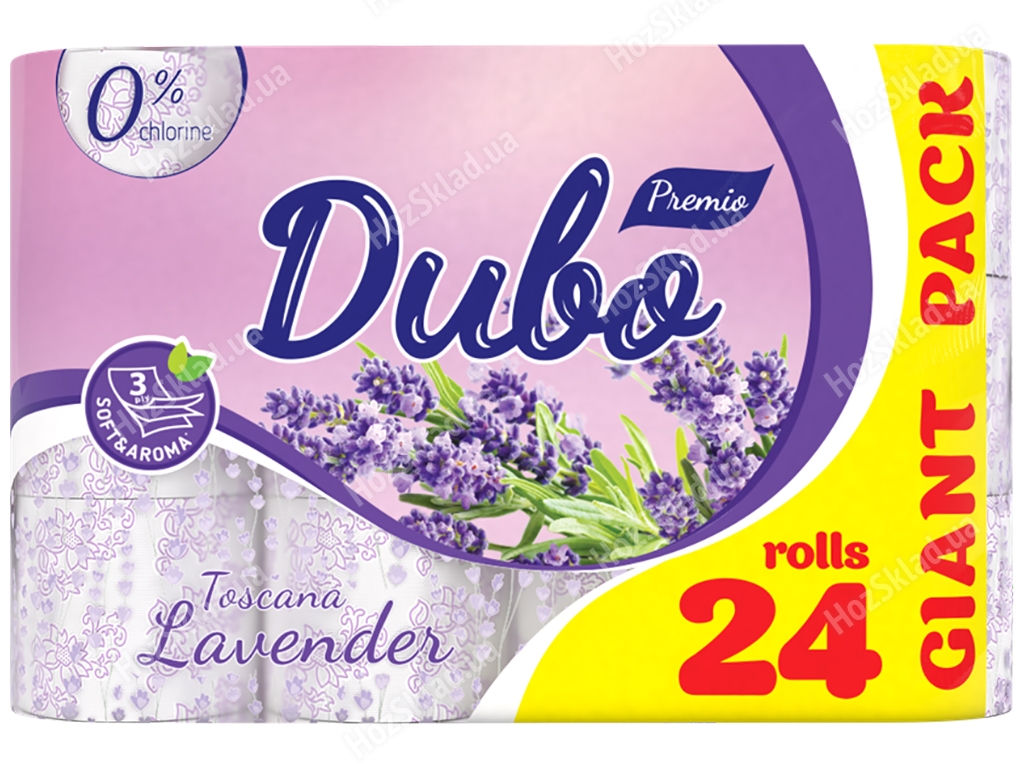 Туалетная бумага Диво Premio Toscana Lavender, СГ 15г/м, 3х слойная, белая с фиол., на гильзе, 24шт