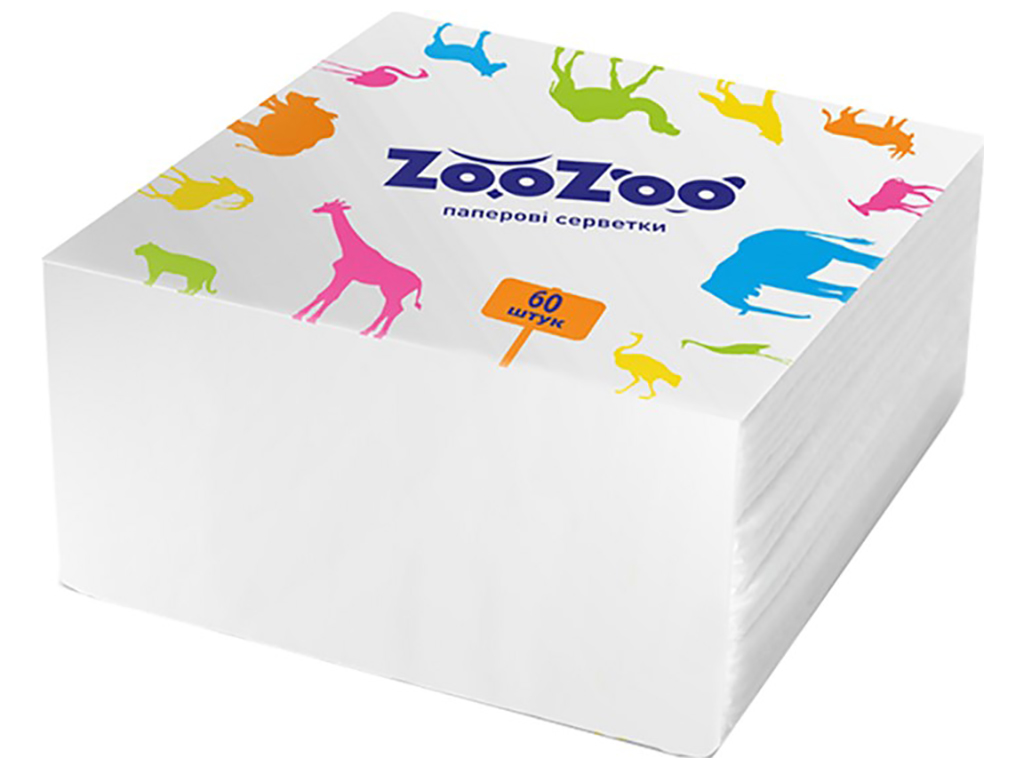 Салфетки бумажные ZooZoo столовые, однослойные 24х23см белые (цена за упаковку 60шт)