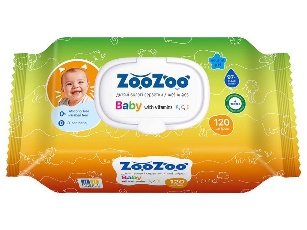 Салфетки детские влажные ZooZoo Baby с витаминами А, С, Е, 120шт