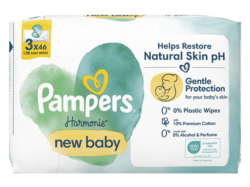 Салфетки влажные детские Pampers Harmonie New Baby, хлопок, для чувствительной кожи, 3 х 46шт