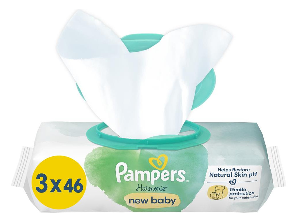 Салфетки влажные детские Pampers Harmonie New Baby, хлопок, для чувствительной кожи, 3 х 46шт