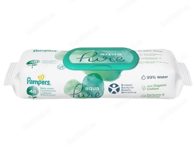Влажные салфетки детские Pampers Aqua Pure хлопковые, пластиковый клапан 48шт