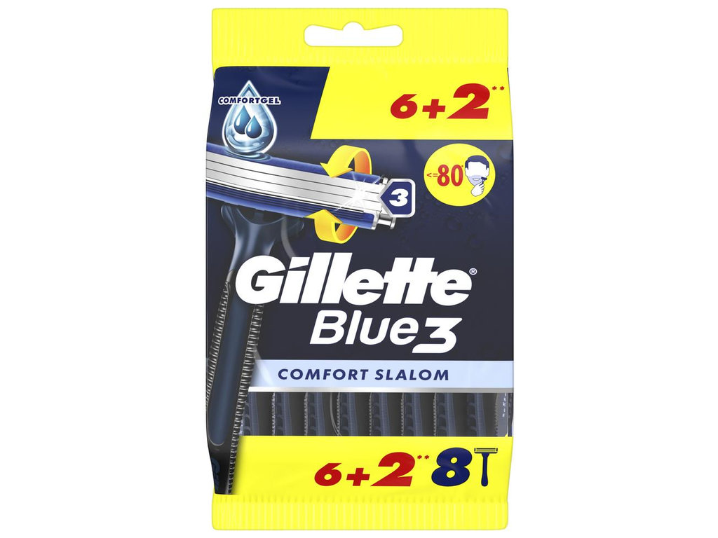 Станок для бритья Gillette Blue 3 Comfort Slalom, одноразовый, 3 лезвия, пластик, хром, 8шт