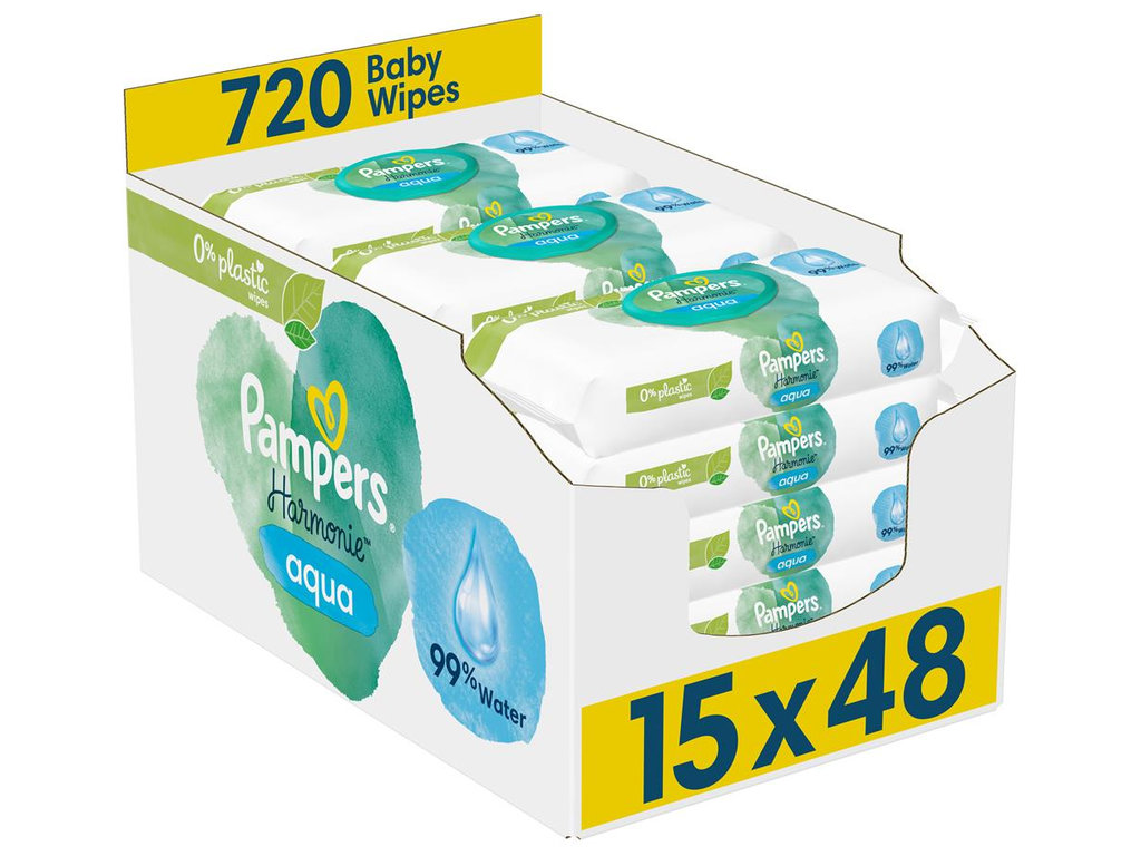 Салфетки влажные детские Pampers Harmonie Aqua, на 99% из воды, без спирта, хлопок, 15 x 48шт