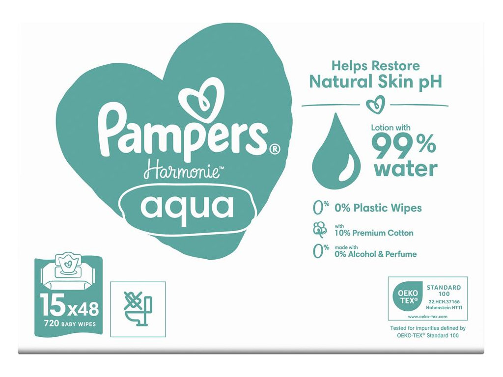 Салфетки влажные детские Pampers Harmonie Aqua, на 99% из воды, без спирта, хлопок, 15 x 48шт