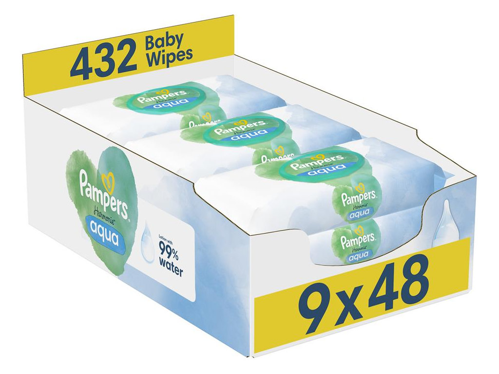 Салфетки влажные детские Pampers Harmonie Aqua, на 99% из воды, без спирта, хлопок, 9 x 48шт