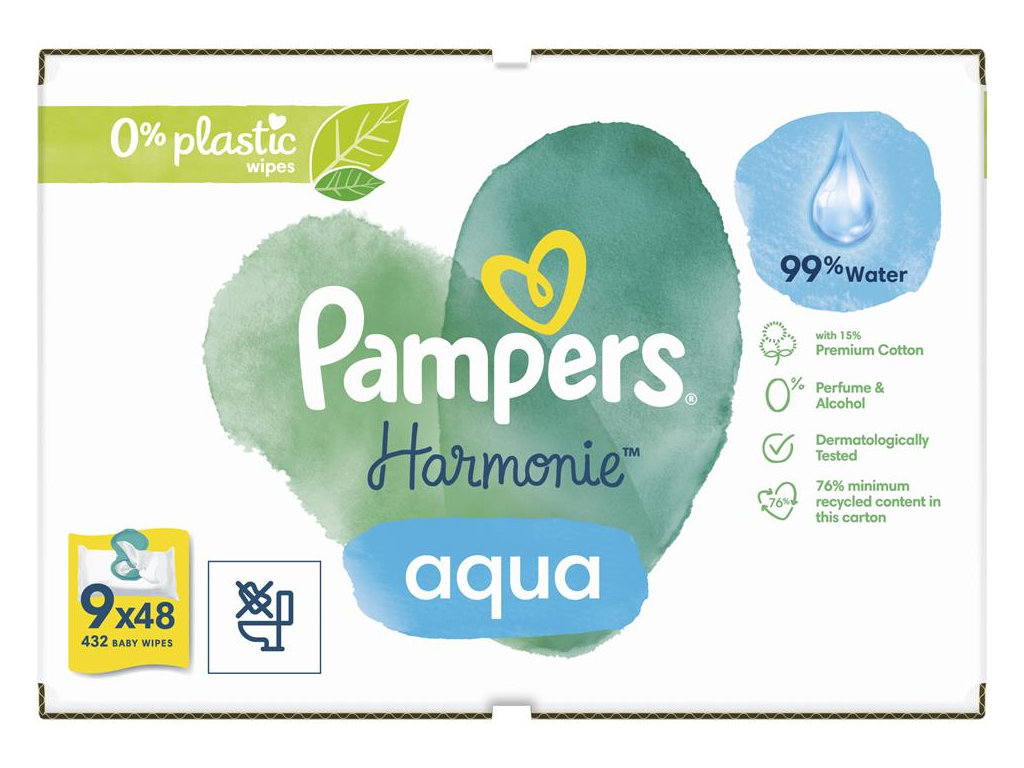 Салфетки влажные детские Pampers Harmonie Aqua, на 99% из воды, без спирта, хлопок, 9 x 48шт