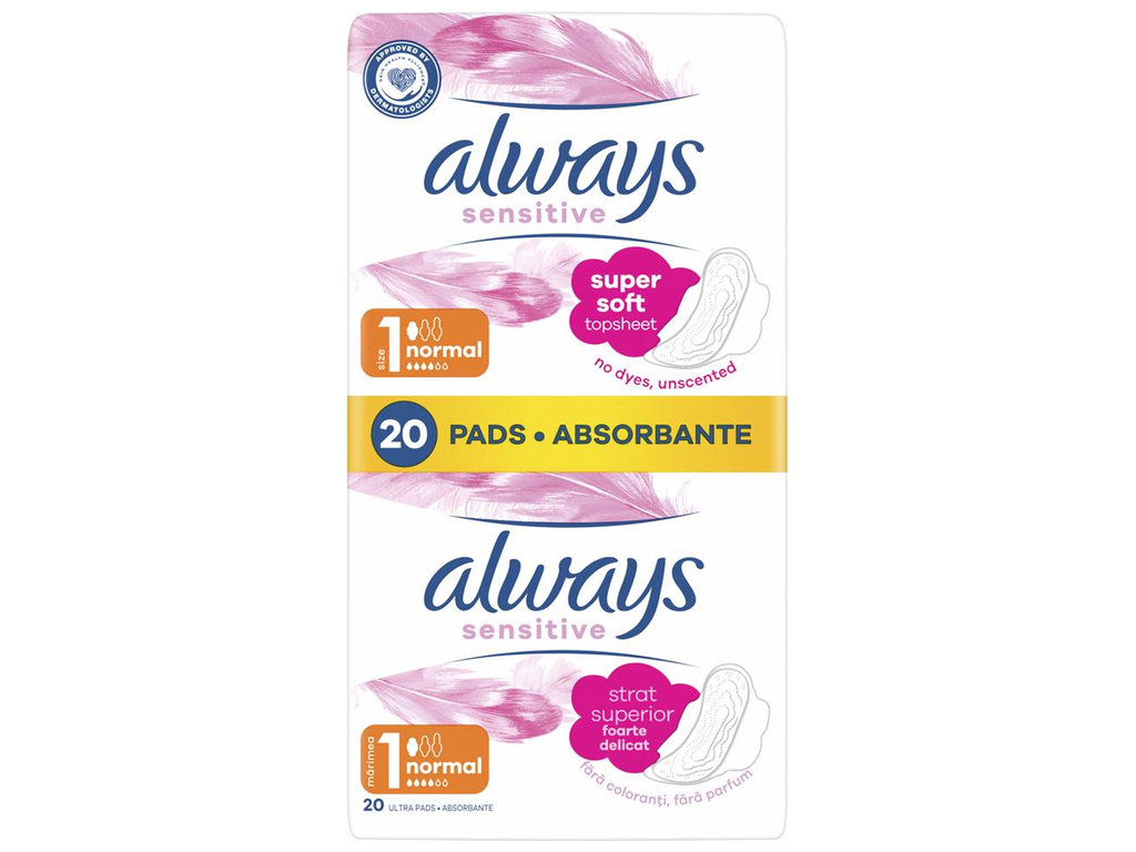 Прокладки Always Sensitive Normal Plus ультратонкие без аромата с крылышками, 4 капли, 20шт