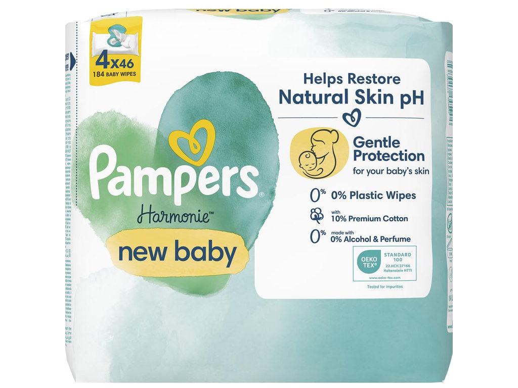 Серветки вологі дитячі Pampers Harmonie New Baby, бавовна, для чутливої шкіри, 4 х 46шт