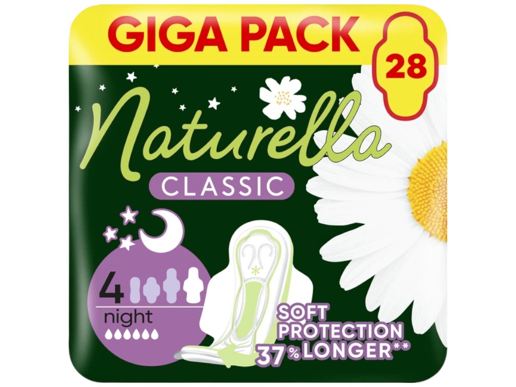 Прокладки ночные Naturella Classic Night, с крылышками, 6 капель, нетканое волокно, 28шт