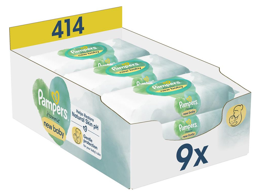 Серветки вологі дитячі Pampers Harmonie New Baby, бавовна, для чутливої шкіри, 9 х 46шт