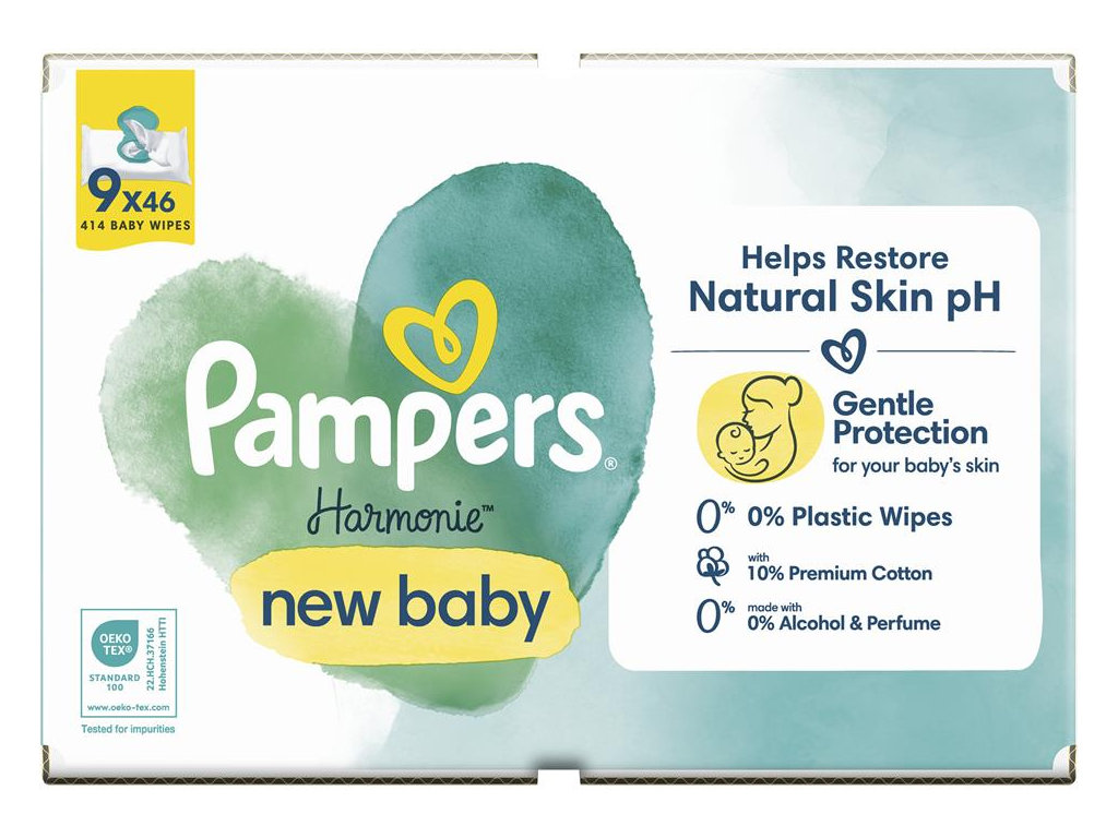 Серветки вологі дитячі Pampers Harmonie New Baby, бавовна, для чутливої шкіри, 9 х 46шт