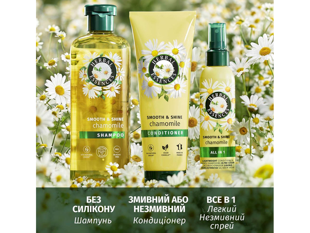 Шампунь Herbal Essences, ромашка, гладкість та блиск, для всіх типів волосся, без силікону, 350мл